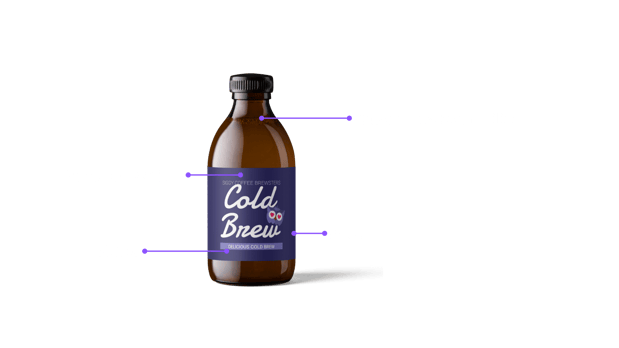 Picture of a cold brew bottle with callouts on its attributes, which are the aspects that will be evaluated in a maxdiff or conjoint analysis