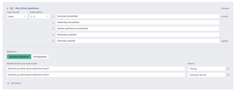 A sample of Key Driver Analysis questions from the SightX platform.