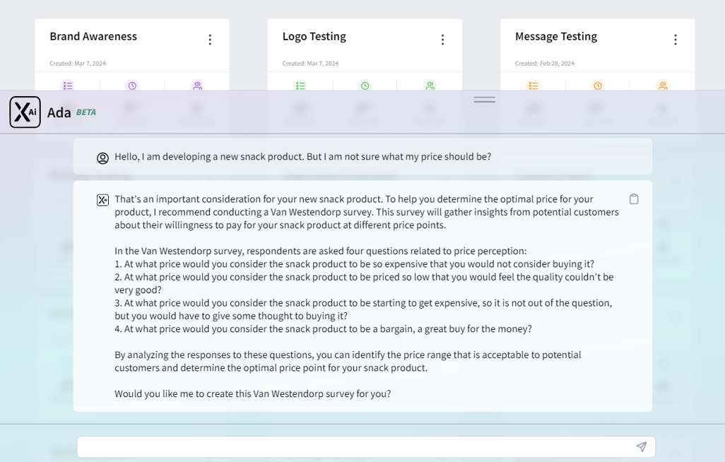An image showing a generative Ai market research consultant making a test recommendation based on a prompt. 