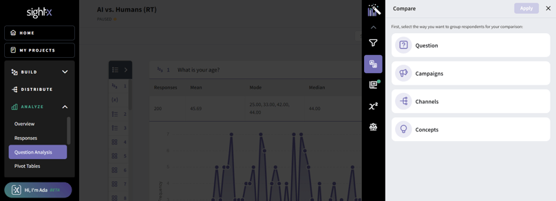 An example showing a comparison analysis tool within the SightX survey analysis platform 